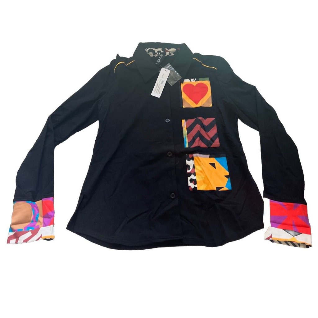 Berek Animal Collage Patched Women Button Shirt Retail Price $155 Black